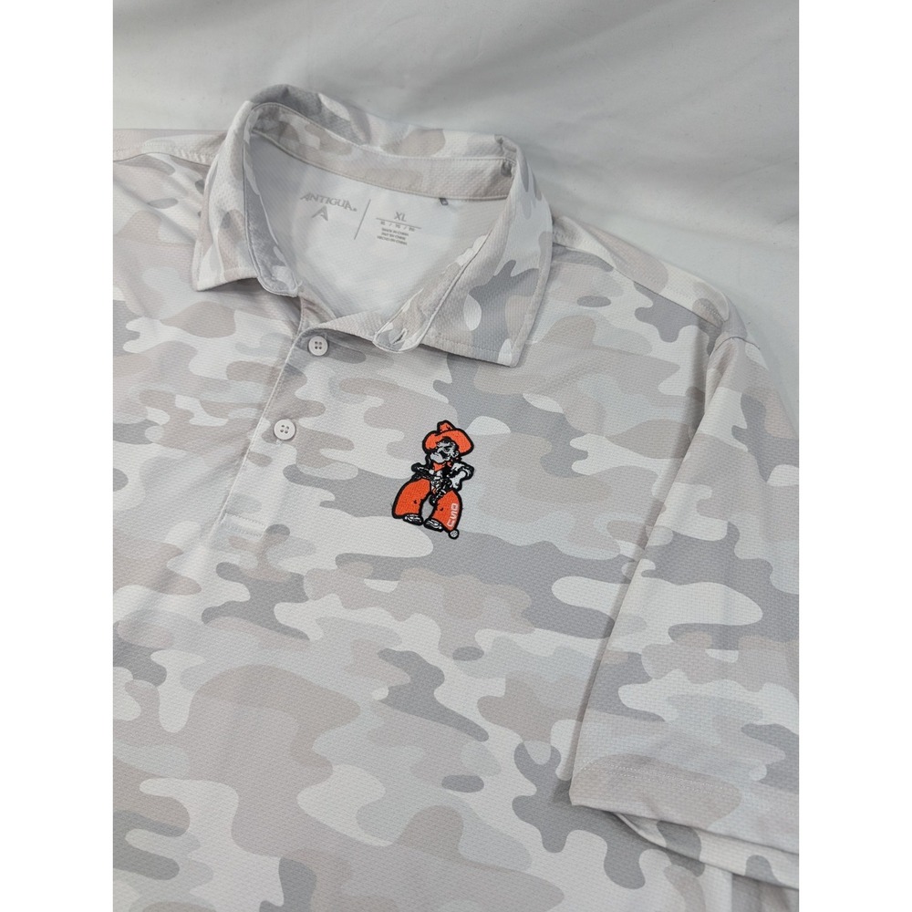 Antigua Golf Oklahoma State OSU Pistol Pete Polo Shirt Mens XL White Gray Camo